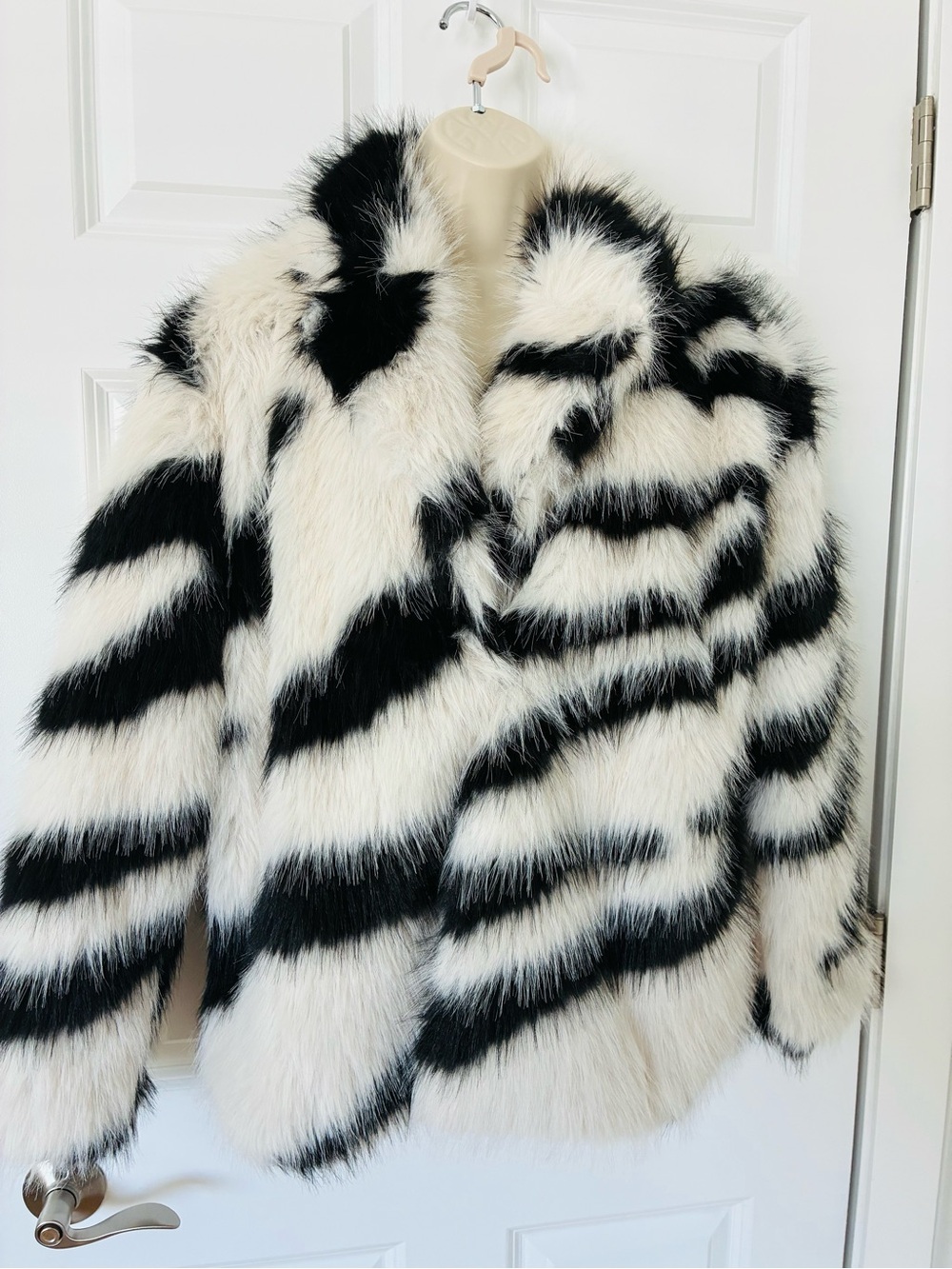Black & White Faux Fur Striped Jacket - Women